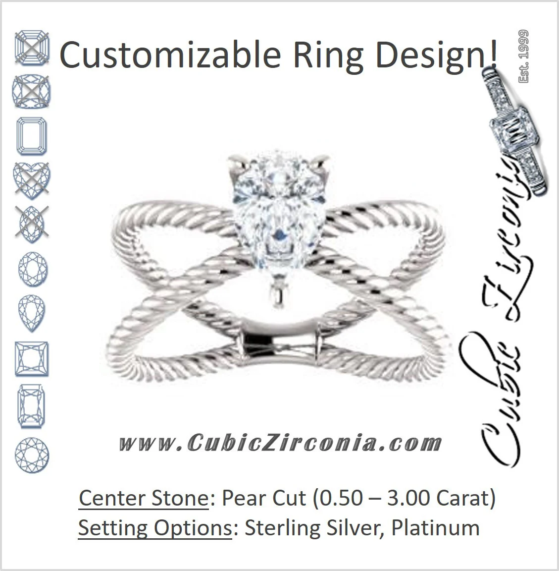 Cubic Zirconia Engagement Ring- The Zaylee (Customizable Pear Cut Solitaire with Wide Rope-Braiding "X" Split Band)
