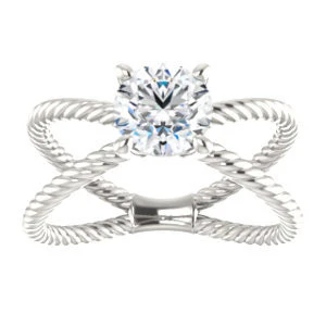 Cubic Zirconia Engagement Ring- The Zaylee (Customizable Round Cut Solitaire with Wide Rope-Braiding "X" Split Band) - Image 4